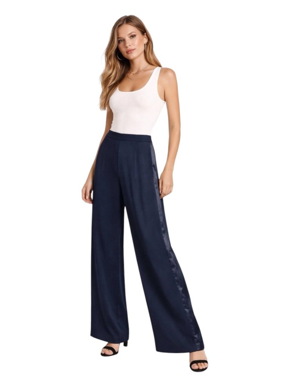 Free People Pants Womens 0 Black Rayon Satin Stripe Wide Leg High‎ Rise